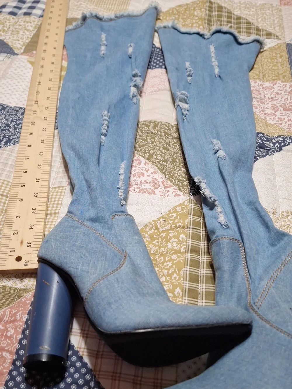 Cape Robbin Denim Over-the-Knee Barrel Rd Heel Boots - Light Blue
